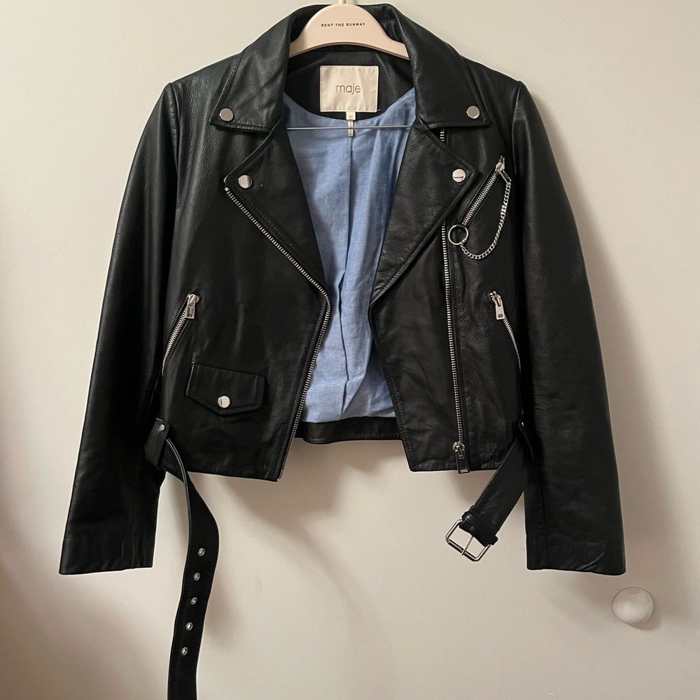Maje Cropped Leather Biker Jacket | Size M